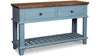 Blue console with a wooden top