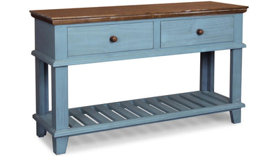 Blue console with a wooden top