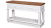 White console table with wooden top on a white background