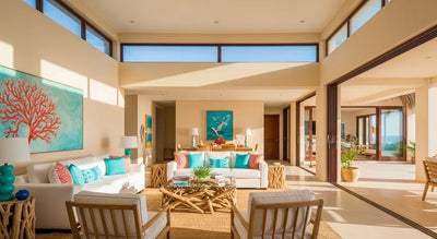 Modern living room with white sofa, wooden coffee table, and colorful artwork.